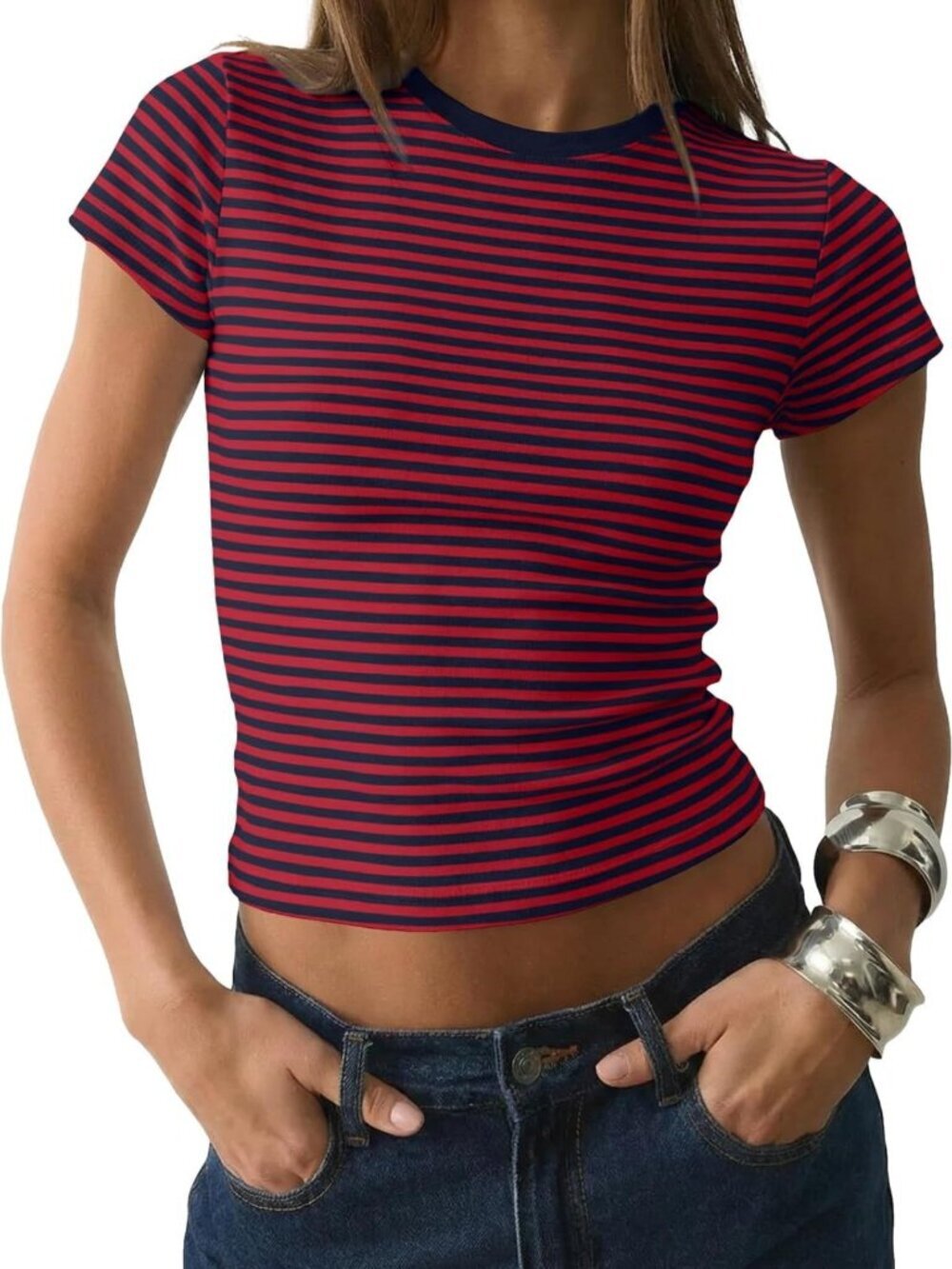 Vintage Striped Graphic Crop Top - Short Sleeve Fitted Tee for Summer Y2K